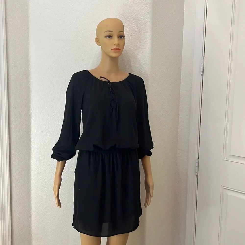 Express Mini Dress Size XS Black Lace Up Tie Front 2 Pockets Long Sleeve Elastic